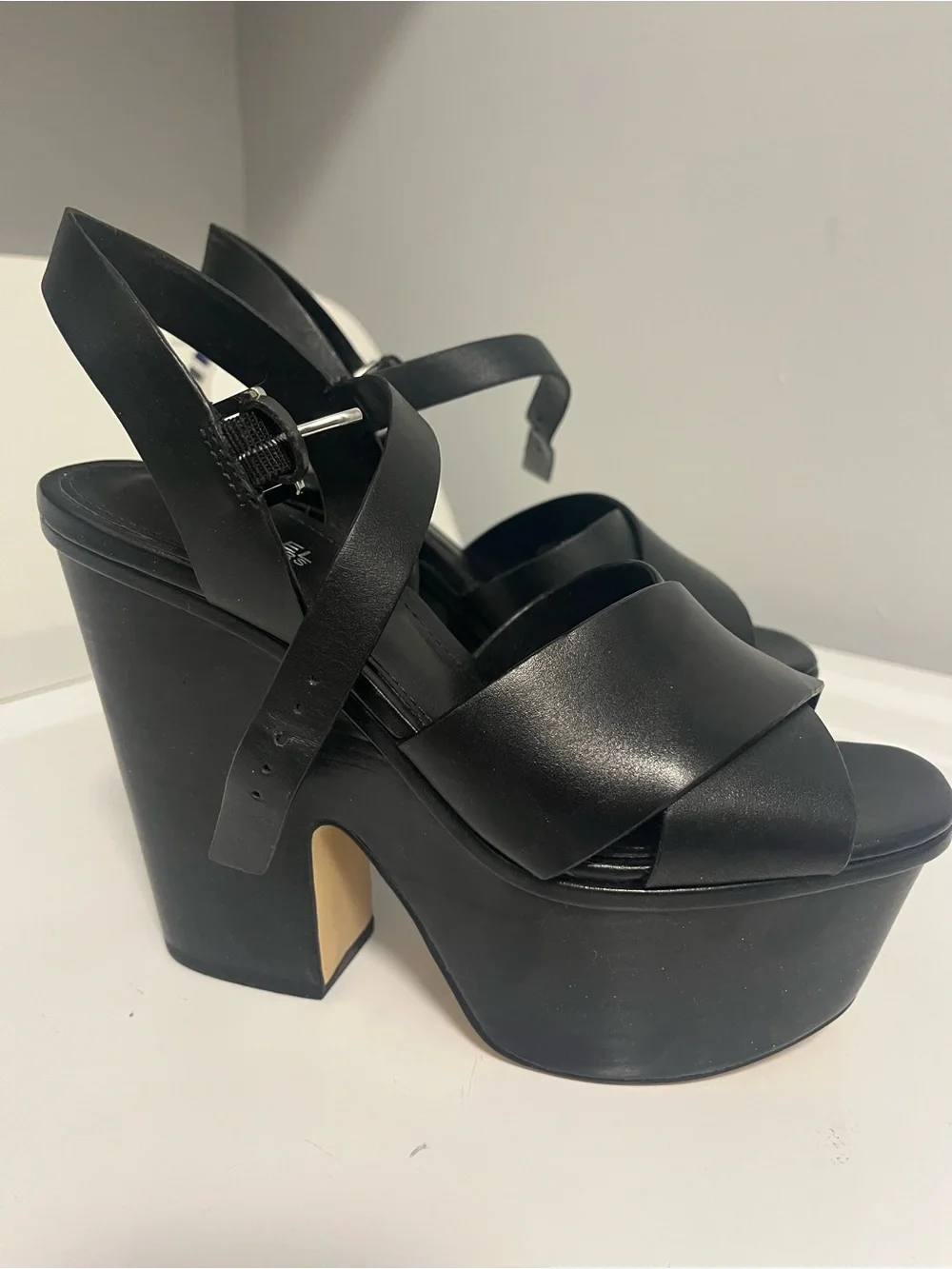 MICHAEL Michael Kors Black Leather Platform Sandals with Ankle Strap